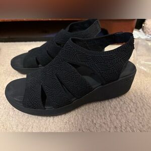 Skechers Black Knit Elastic Slingback Wedges